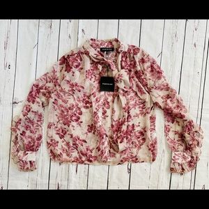 Women’s top sheer NWT wine/nude flowers w/scarf